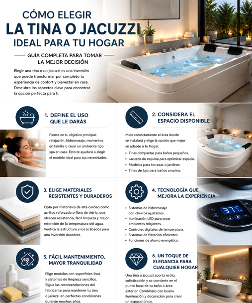 En este momento estás viendo Cómo elegir la tina o jacuzzi ideal para tu hogar: guía completa para tomar la mejor decisión